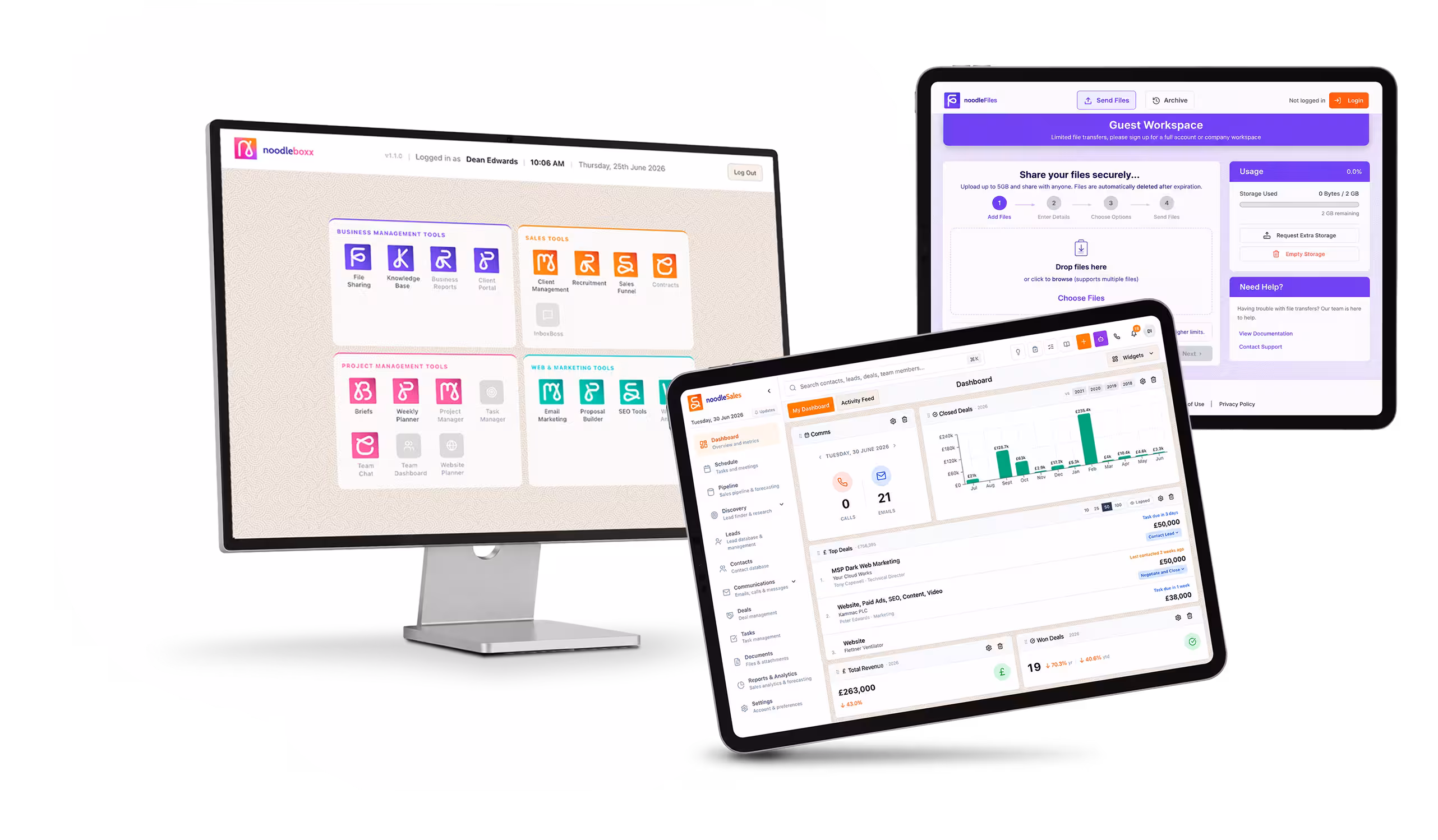 noodleboxx app shown on a desktop monitor and a tablet
